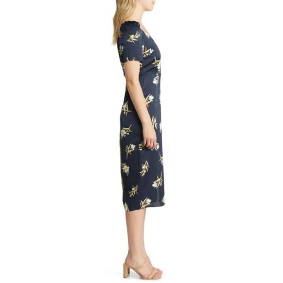 Sam‎ Edelman Tossed Floral Puff Midi Navy Dress Size 10 - Picture 3 of 7
